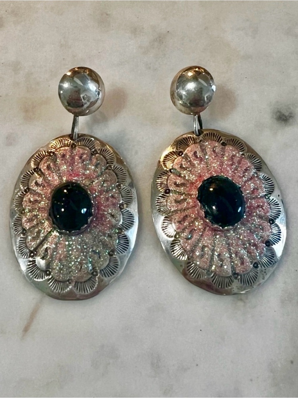 Vintage Signed AP Sterling Pink Drusy Black Onyx Southwestern Statement Earrings